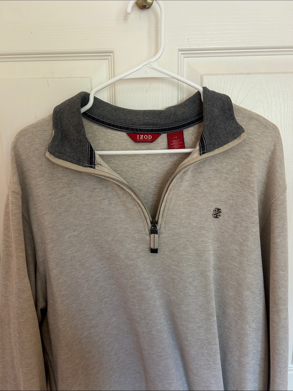 Izod Men's Taupe Quarter-Zip Sweater with Charcoal Collar